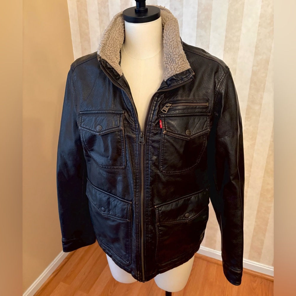 Levis Faux Leather Sherpa Lined Motorcycle Jacket with Hood in the Collar